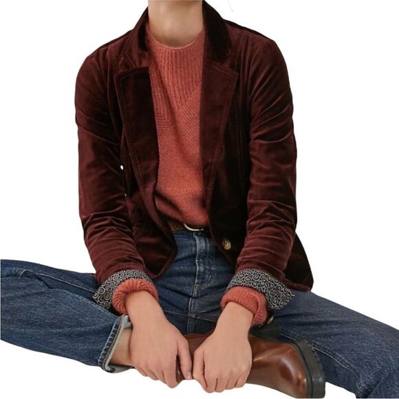 Anthropologie Maeve Alistair  Burgundy Stretch Velvet Cotton Blazer | Size 10 - Picture 1 of 8